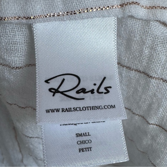 RAILS Finn Striped Linen Long Sleeve Top in Rose Gold Metallic | White Blouse S - Picture 6 of 7